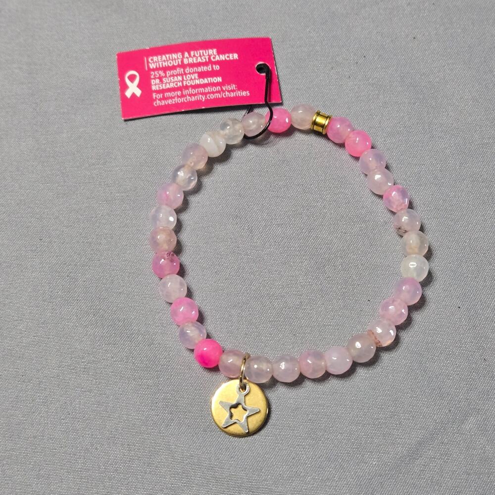 Chavez for Charity Pink Beaded Stretch Bracelet Gold Star Charm